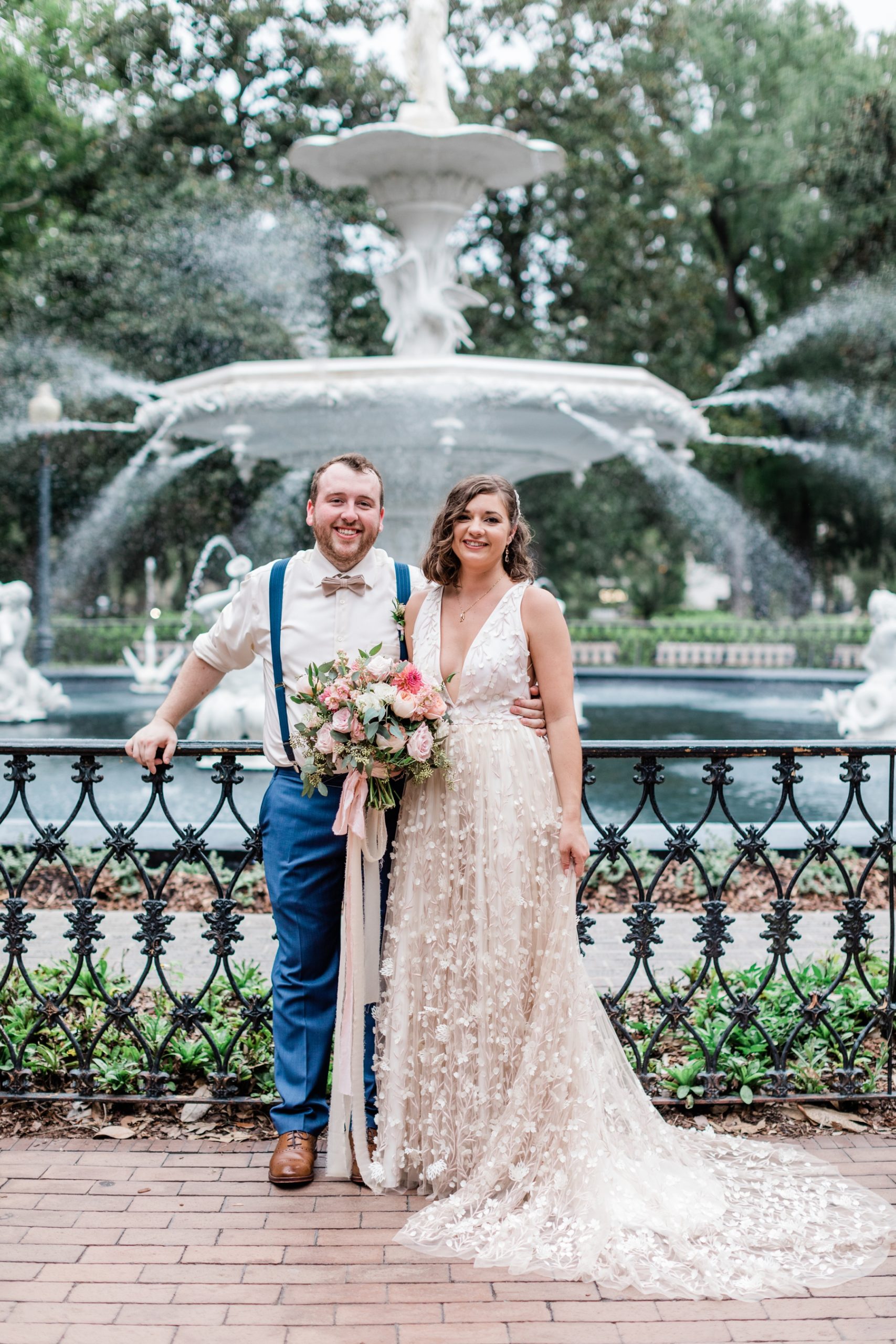 Bride and groom portraits in front of Forsyth Fountain - Savannah Elopement Package