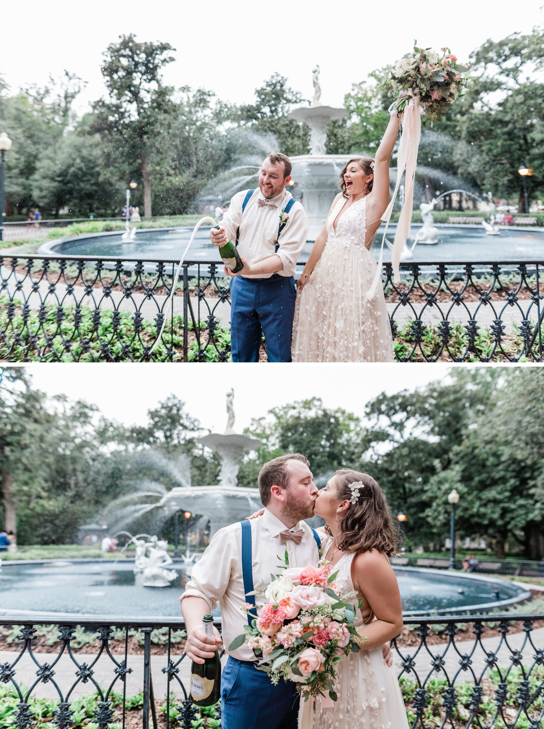 Bride and groom portraits in front of Forsyth Fountain - Savannah Elopement Package