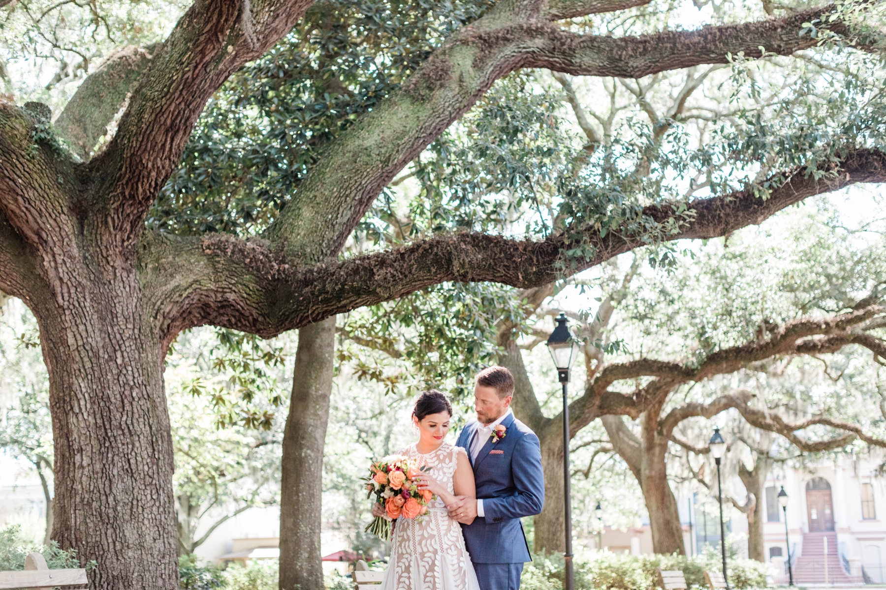 Orange, blush, and navy elopement bouquet by Ivory and Beau