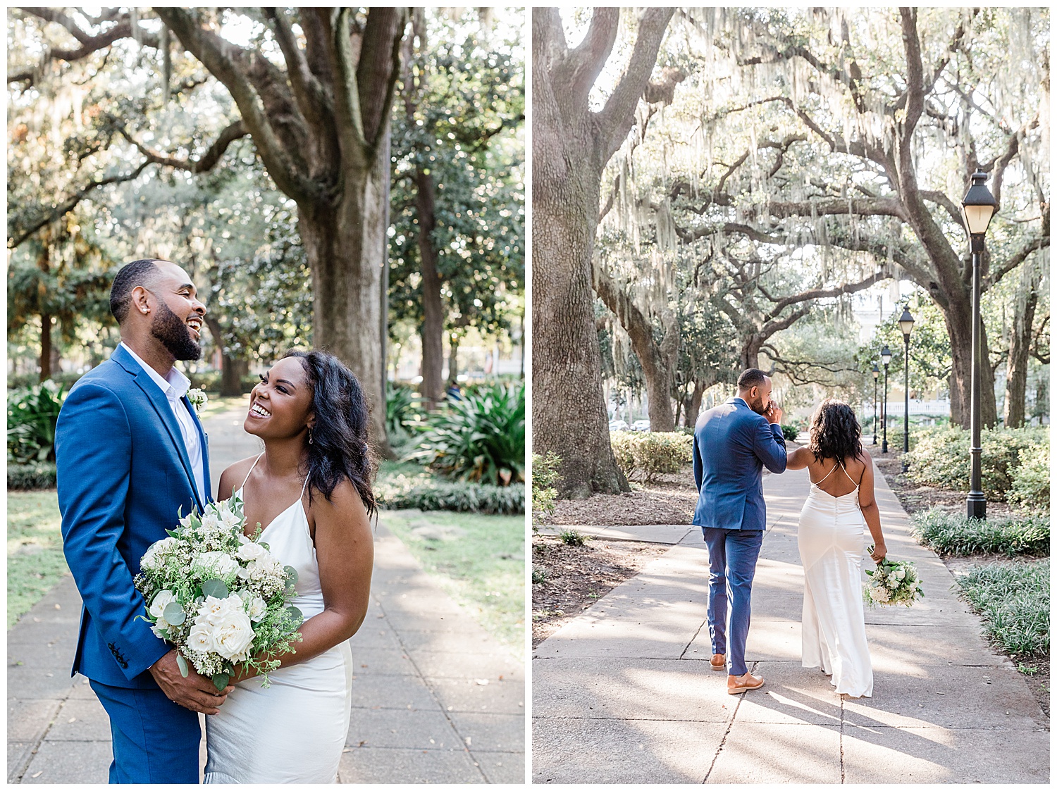 Couples portraits around Forsyth Park in Savannah