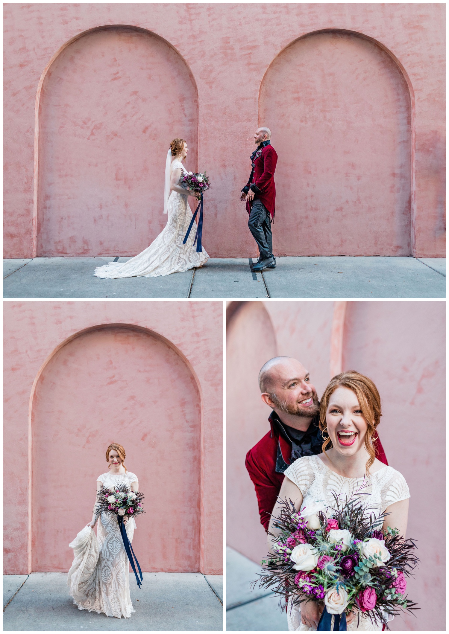 couples photos by the pink wall in savannah with the Savannah Elopement Package