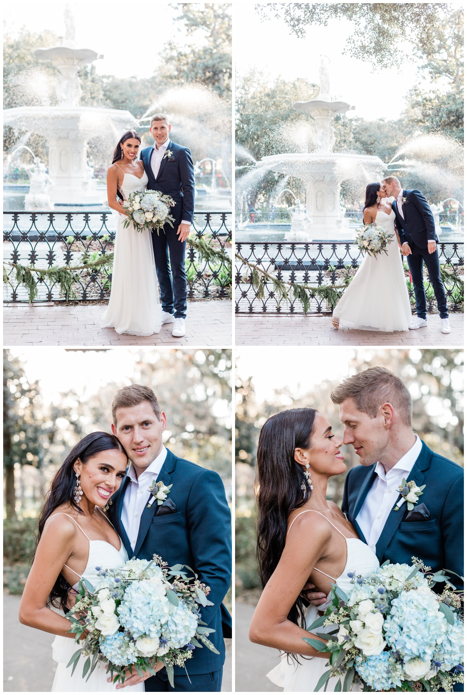 couples portraits at the fountain at Forsyth park - savannah elopement package