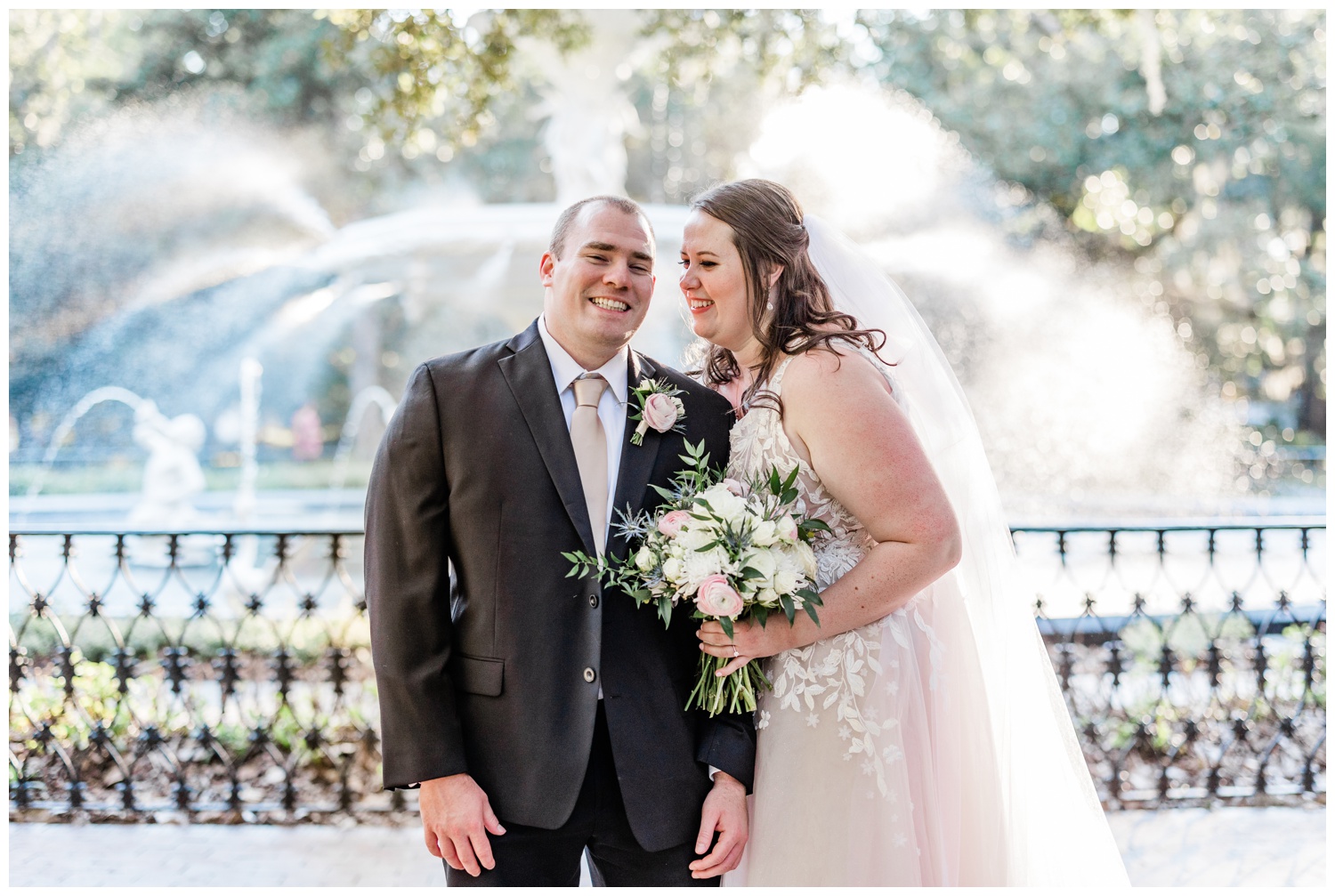 Ela + Andy in Forsyth Park - flowers by ivory and beau - makeup and hair by Royal makeup and hair