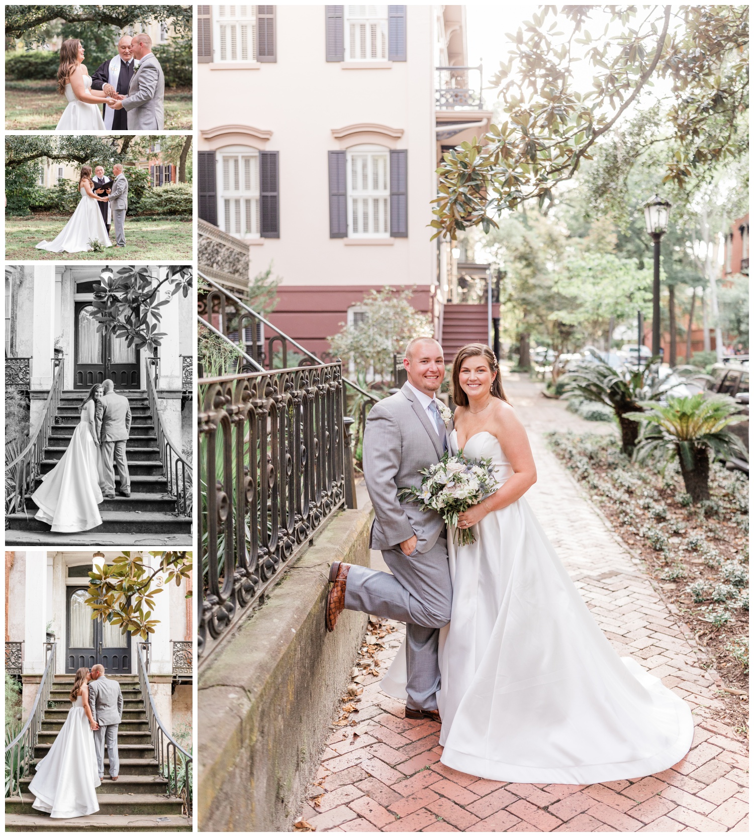 Savannah Elopement showing photos in Monterey Square, one block north of Forsyth Park.