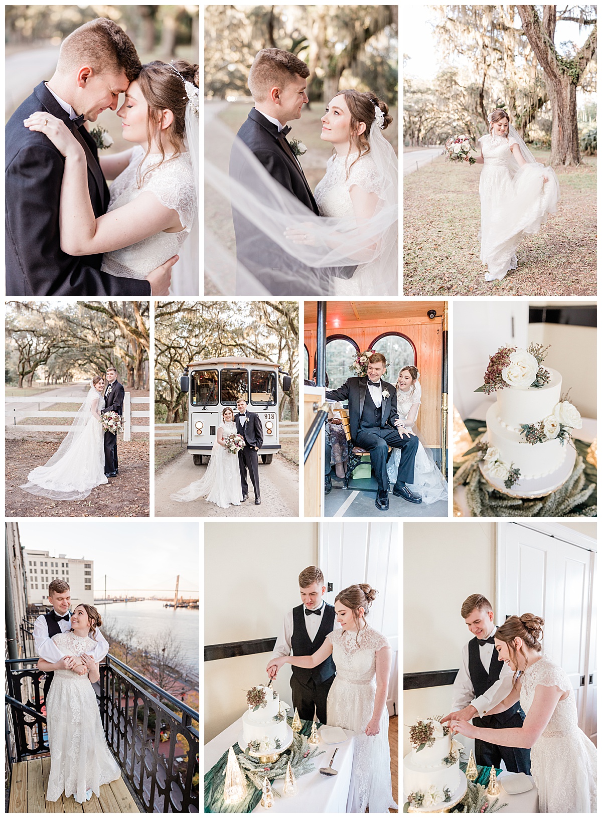 Wedding Photos at Wormsloe, Olde Savannah Trolley, cake cutting at Vic's on the River