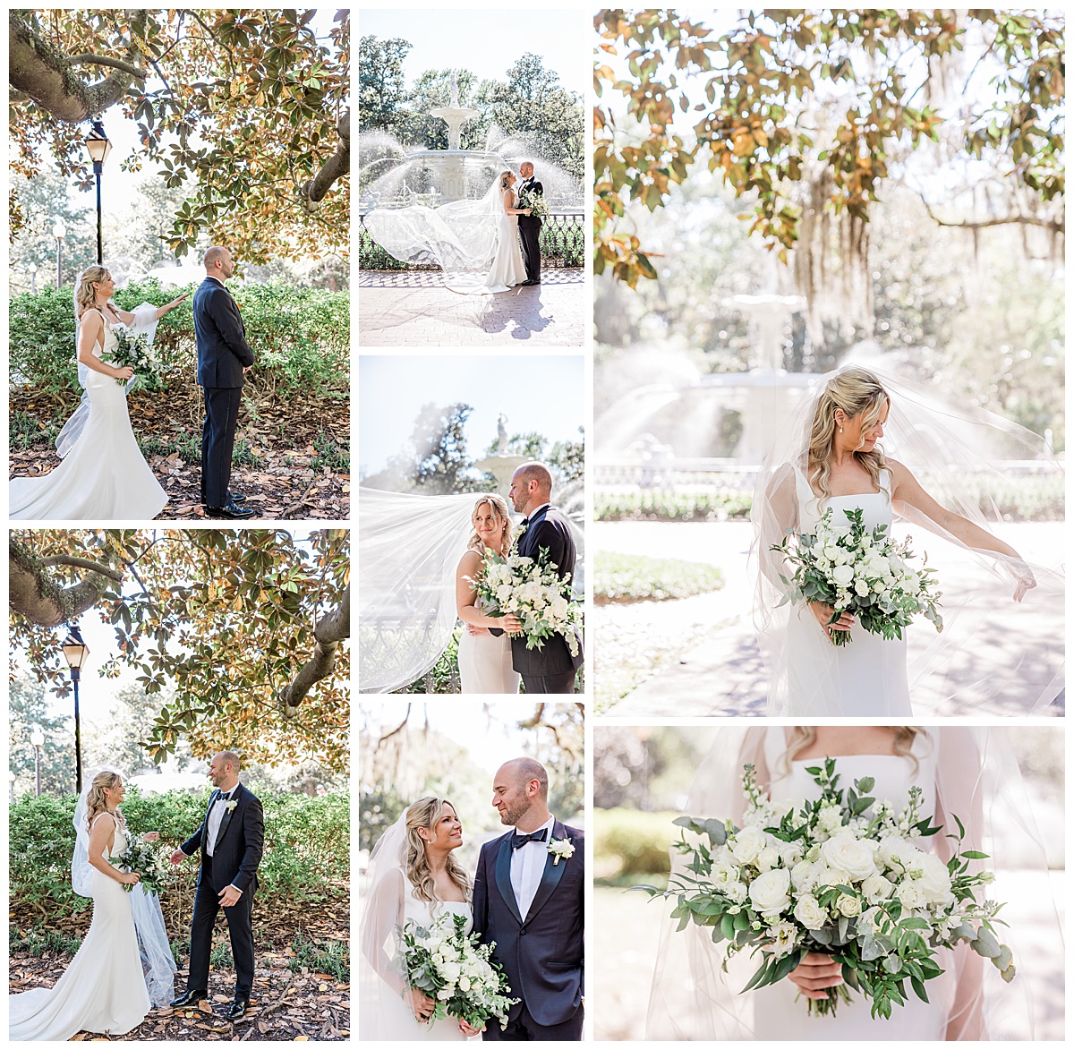 First look and couples portraits at Forsyth Park, before A Dreamy Elopement at Wormsloe