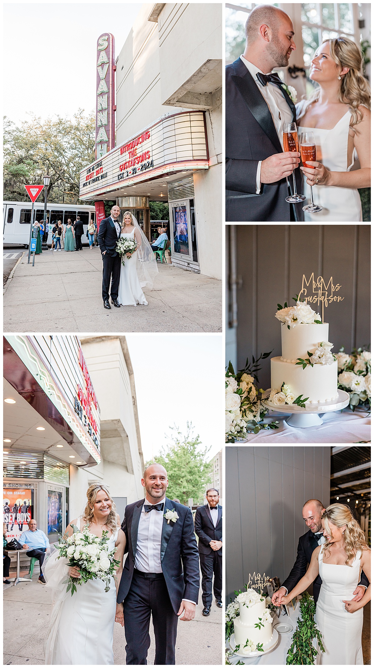 After A Dreamy Elopement at Wormsloe the couple celebrates with photos at the Savannah Theater Marquee and with cake and champagne