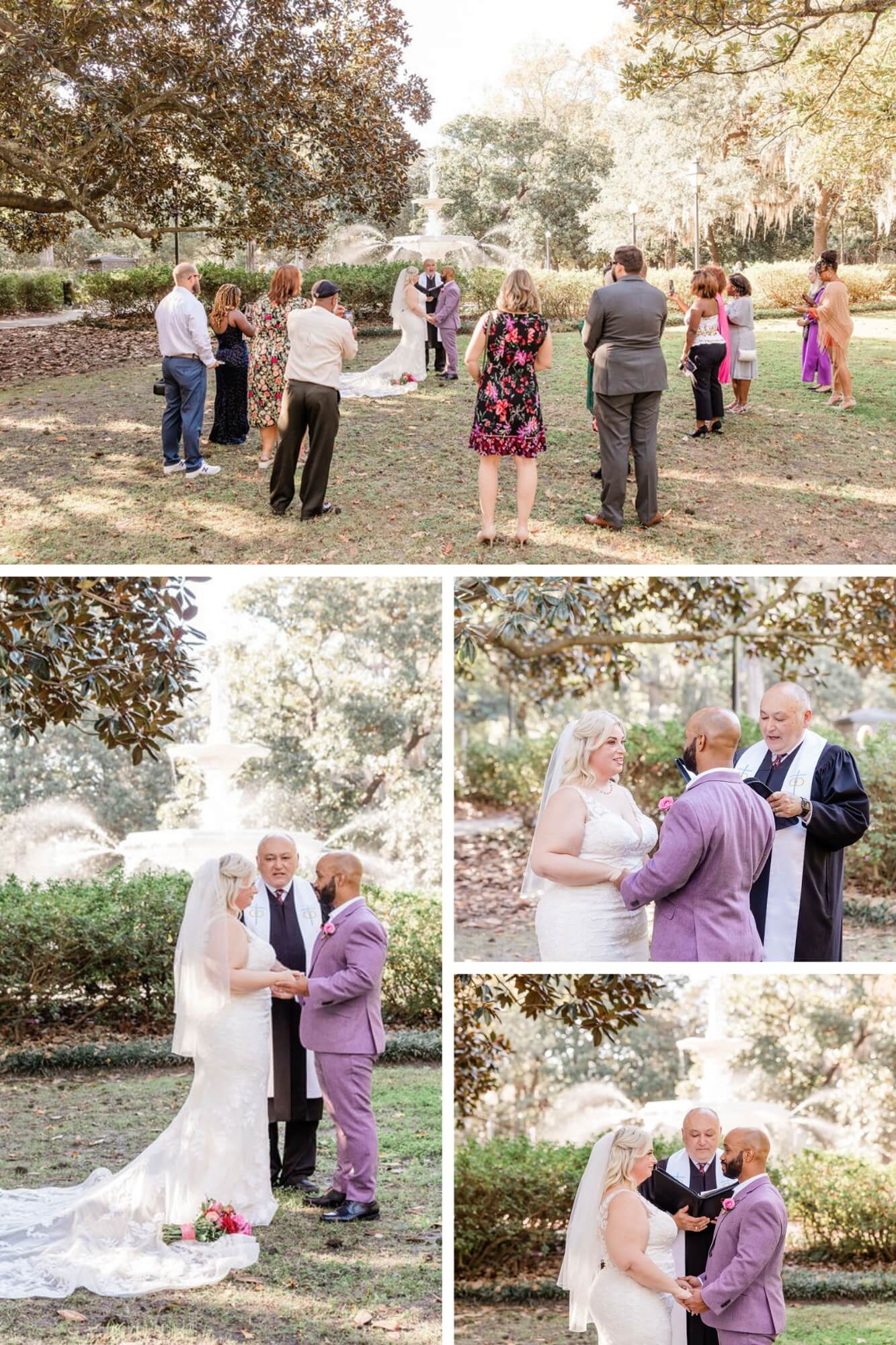Collage of photos featuring a couple eloping at the iconic Forsyth Fountain in Savannah, GA, with flowing water and intricate ironwork.