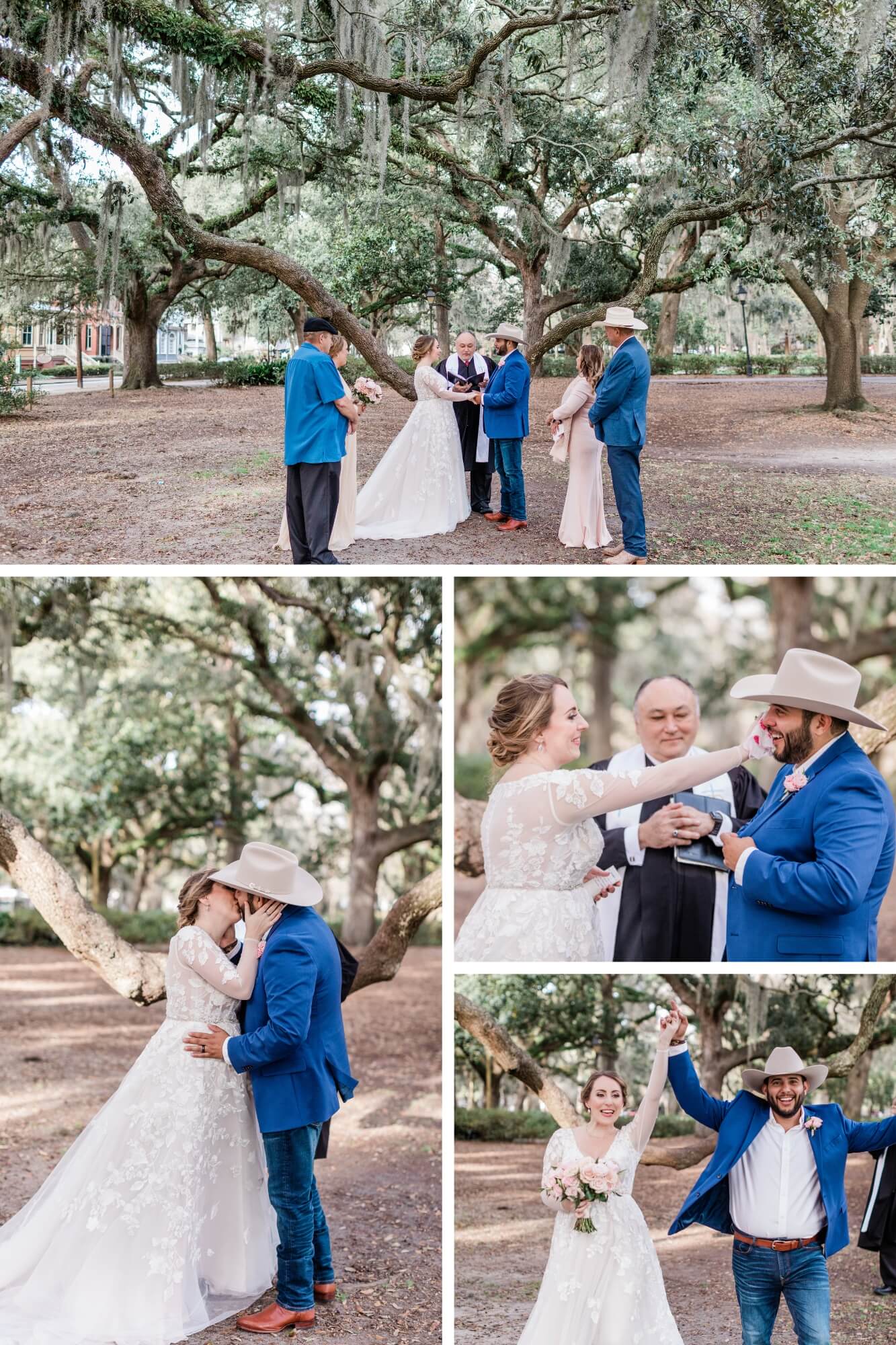 Collage of photos highlighting a couple eloping near a low-hanging oak branch in Forsyth Park, offering an intimate and cozy setting.