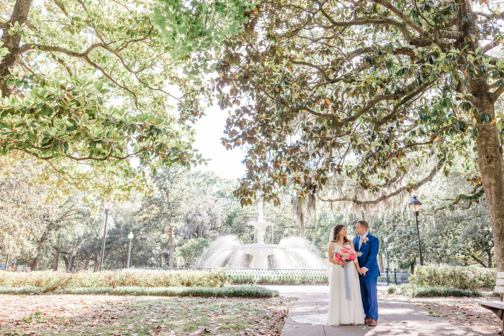 An elopement package for two with a ceremony in Forsyth Park in Savannah, GA