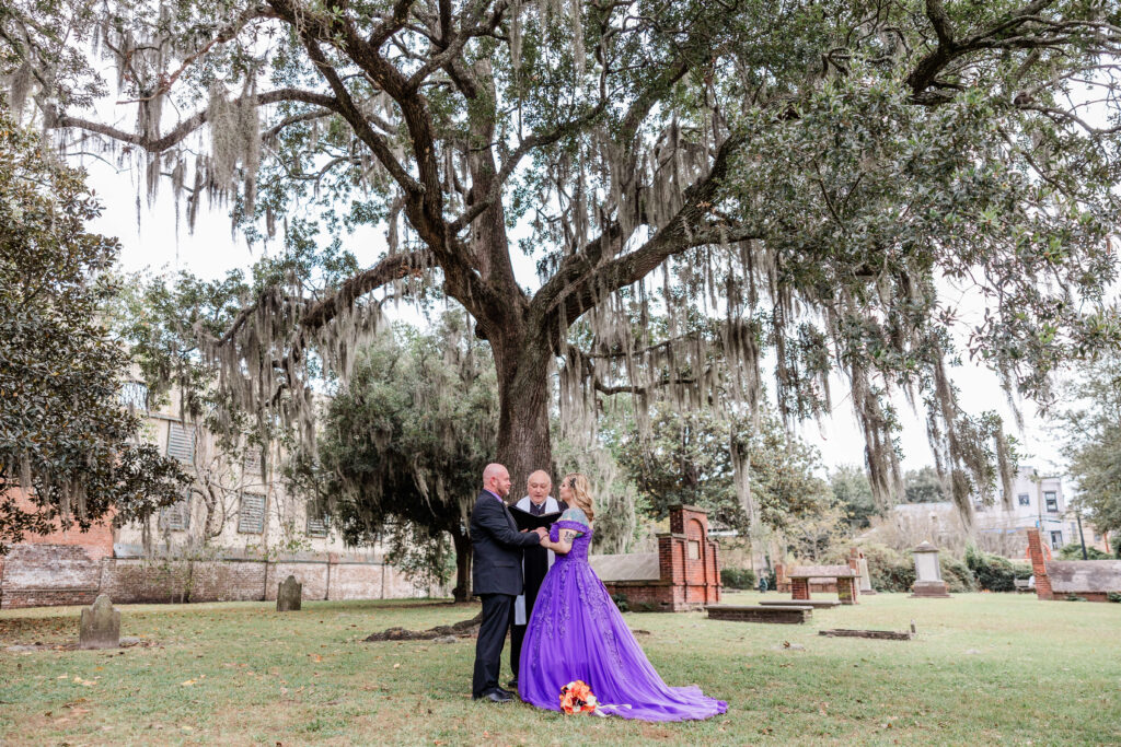 Savannah cemetery elopements - Colonial Park Cemetery - purple wedding dress