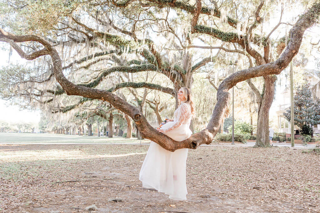 Why Savannah is the best place to elope in the south - bride sits on a branch in Forsyth Park